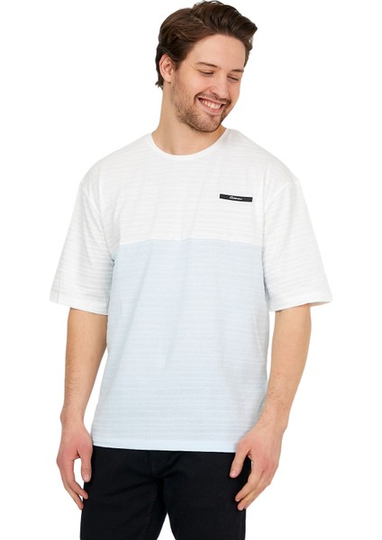 Oversize Beyaz/mavi Erkek Jakarlı Bisiklet Yaka Kısa Kollu T-Shirt fiyatları