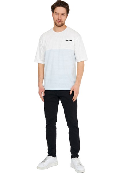 Oversize Beyaz/mavi Erkek Jakarlı Bisiklet Yaka Kısa Kollu T-Shirt indirimleri