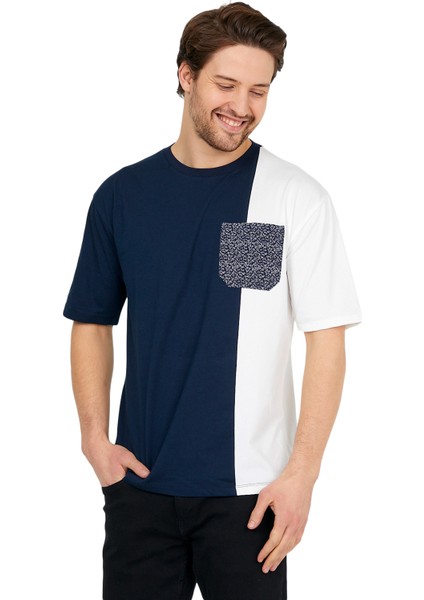Lacivert/beyaz Erkek Bisiklet Yaka Kısa Kollu Cepli T-Shirt modelleri