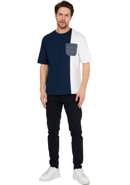 Lacivert/beyaz Erkek Bisiklet Yaka Kısa Kollu Cepli T-Shirt indirimleri