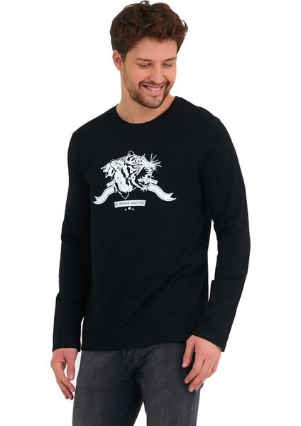 Kaplan Baskılı Bisiklet Yaka %100 Pamuk Uzun Kol Tişört modelleri