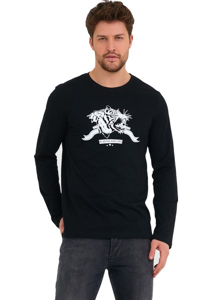 Kaplan Baskılı Bisiklet Yaka %100 Pamuk Uzun Kol Tişört fırsatları