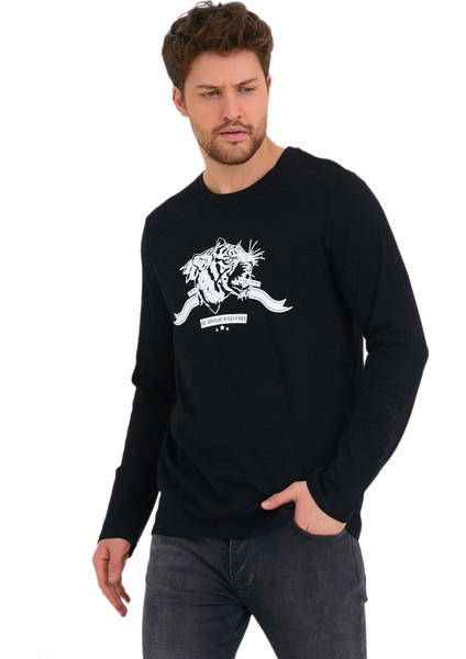 Kaplan Baskılı Bisiklet Yaka %100 Pamuk Uzun Kol Tişört indirimleri