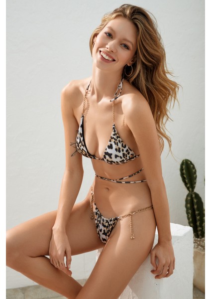 Pierre Cardin Tubi Zincirli Brazilian Üçgen Bikini Takım Leopard 221204