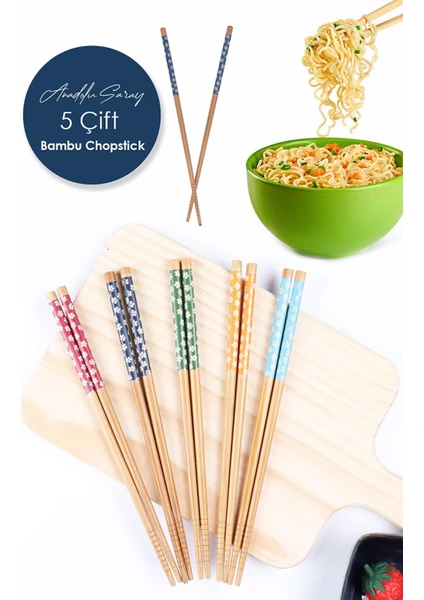 Anadolu Saray 5 Çift Desenli Yıkanabilir Kore Çin Bambu Chopsticks Yemek Çubuğu | Desenli Bambu Chopstick