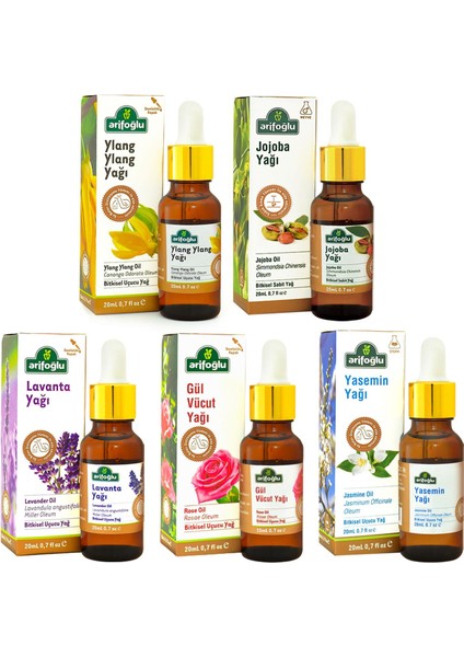 Lavanta & Yasemin & Jojoba & Gül Vücut & Ylang Ylang Bitkisel Yağ Seti