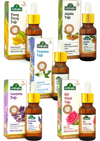 Lavanta & Yasemin & Jojoba & Gül Vücut & Ylang Ylang Bitkisel Yağ Seti
