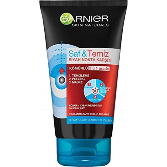 Garnier Skin Naturals Saf & Temiz Siyah Nokta Karşıtı Kömürlü 3'ü 1 Arada 1 Paket (1 x 150 Ml)