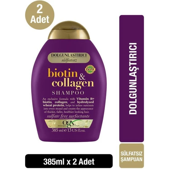 Ogx Dolgunlaştırıcı Sülfatsiz Şampuan Biotin & Kolajen 0.385 lt x2 Adet