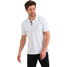 Adams Polo Yaka %100 Pamuk Sırt Siyah Şeritli Reflektör Logo Baskılı Kısa Kol Beyaz Erkek Tişört