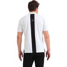 Adams Polo Yaka %100 Pamuk Sırt Siyah Şeritli Reflektör Logo Baskılı Kısa Kol Beyaz Erkek Tişört
