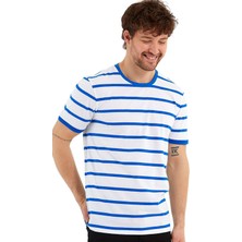 Adams Bisiklet Yaka Ringel Örgü Kısa Kol Mavi Çizgili T-Shirt