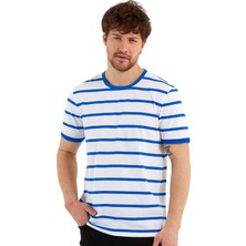 Adams Bisiklet Yaka Ringel Örgü Kısa Kol Mavi Çizgili T-Shirt