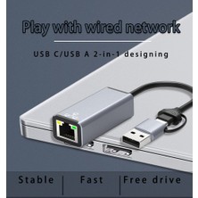 Comse 2 In 1 Type-C & USB 3.0 Çiftli Gigabit Ethernet RJ45 Windows Macbook Uyumlu Çevirici Hub Adaptör