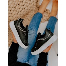 Siyah Deri (Jersey) Taş Detay Kadın Bağcıklı Sneakers