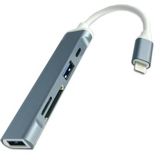 Polham Ipad, Iphone Lightning Girişli 5in1 Çoğaltıcı Hub, 2x Usb,  1x Type C, 1x Sd, 1x Tf Okuyucu