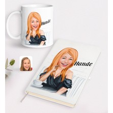 BK Kişiye Özel Kadın Moda Ikonu Karikatürlü Beyaz Defter ve Kupa Hediye Seti-3