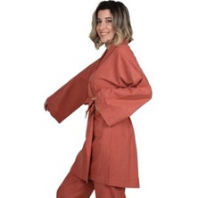 Co&Mi Dökümlü Keten Cepli, Kuşaklı Kimono-Kiremit Rengi
