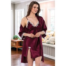 Faal 2115 Kadın Dantel Detaylı Saten İp Askılı Kısa Gecelik Sabahlık Takım-Bordo