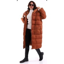 Dnz Kadın Kapüşonlu Uzun Versiyon Çift Cepli Oversize Şime Mont