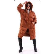 Dnz Kadın Kapüşonlu Uzun Versiyon Çift Cepli Oversize Şime Mont
