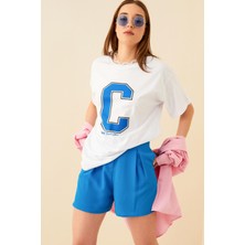 Swist Beyaz C Baskılı Oversize Kadın Tshirt
