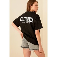 Swist Siyah Clfrnia Sırt Baskılı Oversize Kadın Tshirt