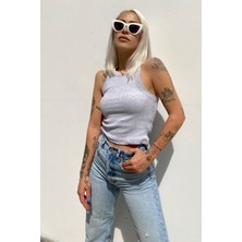 Swist Gri Sıfır Kol Bisiklet Yaka Crop Bluz