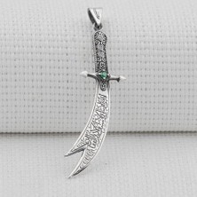 925 Gümüş Yeşil Taşlı Zülfikar Kılıç Tasarımlı 925 Ayar Gümüş Kolye Ucu