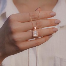 925 Gümüş Büyük Baget Taşlı Rose Kaplama 925 Ayar Gümüş Kadın Kolye