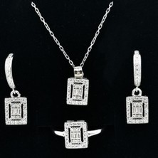 925 Gümüş Özel Pırlanta Tasarımlı 925 Ayar Gümüş Baget Set Kolye Küpe Yüzük