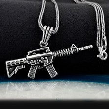 925 Gümüş Tüfek Tasarımlı Kalın Zincirli 925 Ayar Gümüş Kolye