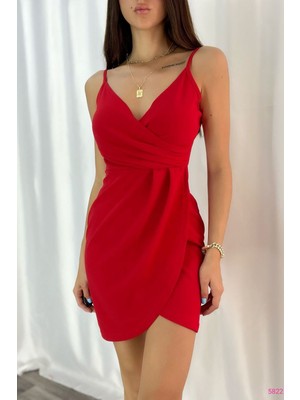 Deafox Kırmızı Ithal Krep Kumaş Ince Askılı Katlamalı Elbise