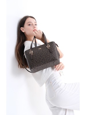 Just Polo Kadın Kahverengi Taba Baskı Desenli Omuz Çanta ve Cüzdan Seti -2066-GD