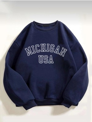 Afro Giyim Unisex Oversize Michigan Usa Baskılı Sweatshirt