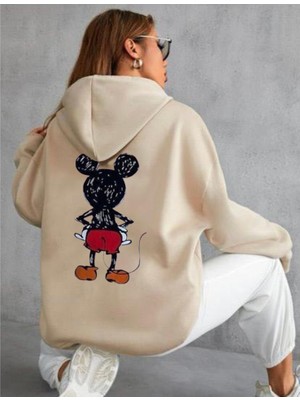 Kadın Oversize Kapşonlu Ön Arka Mickey Mouse Baskılı Sweatshirt Hoodie