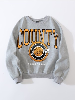 Afro Giyim Kadın Gri Oversize County Baskılı Sweatshirt