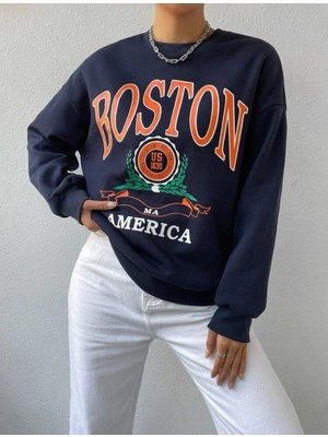 Afro Giyim Unisex Oversize Lacivert Boston America Sweatshirt