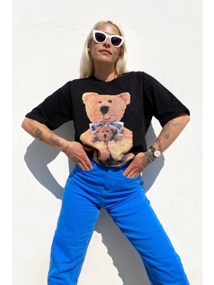 Swist Siyah Bear Baskılı Bisiklet Yaka Tshirt