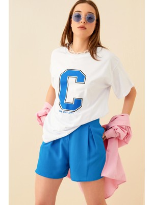 Swist Beyaz C Baskılı Oversize Kadın Tshirt