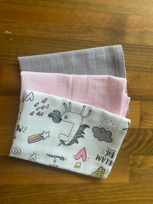 Nihalfidan Store Muslin Kumaş %100 Pamuk Bebek Ağız Mendili Pembe Gri Rainbow 3 Adet (30X30 Cm)