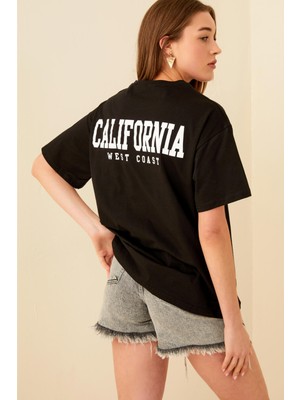 Swist Siyah Clfrnia Sırt Baskılı Oversize Kadın Tshirt
