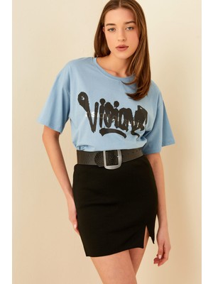 Swist Mavi Visione Baskılı Oversize Kadın Tshirt