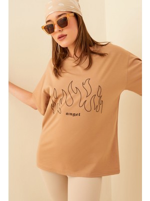 Swist Vizon Angel Baskılı Oversize Kadın Tshirt