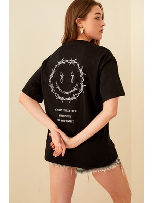 Swist Siyah Hedonistic Sırt Baskılı Oversize Kadın Tshirt