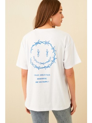 Swist Beyaz Hedonistic Sırt Baskılı Oversize Kadın Tshirt
