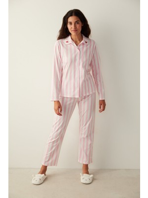 Penti Pembe Base Berry Stripes Gömlek Pantolon Pijama Takımı