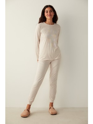 Penti Bej Be Happy Sloganlı Tişört Pijama Üstü