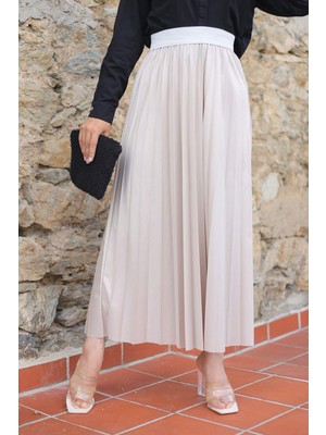 İmaj Butik Piliseli Deri Görünümlü Etek/bej