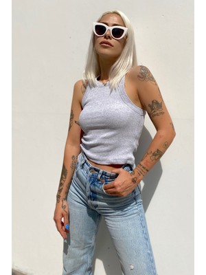 Swist Gri Sıfır Kol Bisiklet Yaka Crop Bluz